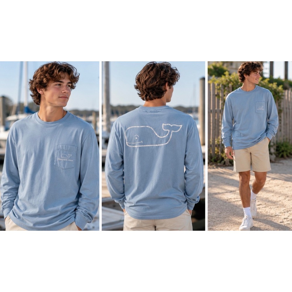 Vineyard Vines Mens Light Blue Long Sleeve Whale Pocket T-Shirt Large